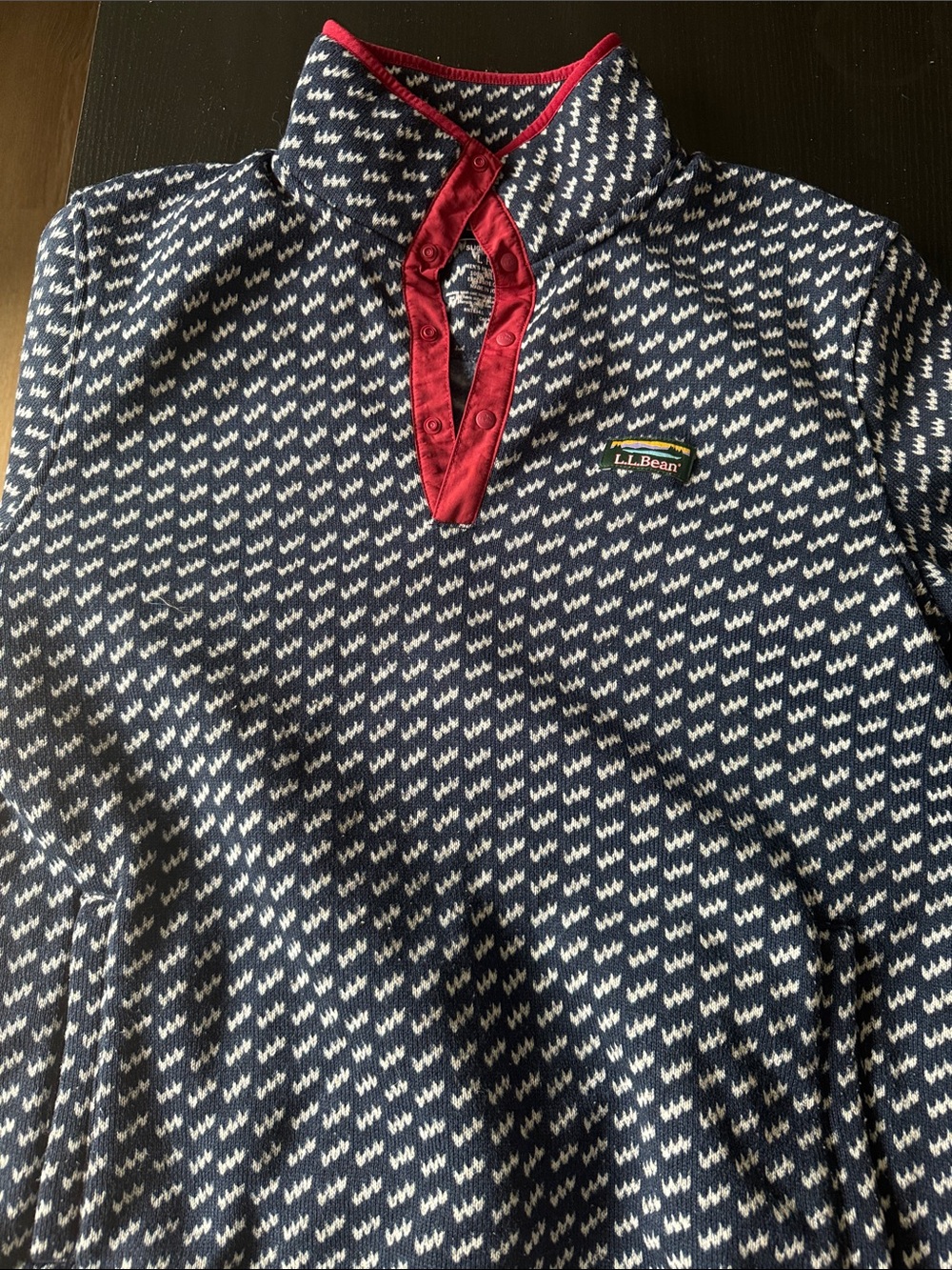 L.L. Bean Navy and White Knit Pullover with Red Placket